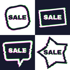 Set of four distorted glitch sale banners with error effect on the edges and in text. Vector illustration.

