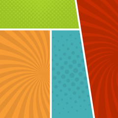 Obraz premium Colorful comic book page background in pop art style. Empty template with rays and dots pattern. Vector illustration 