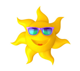 Funny cartoon sun in violet sunglasses