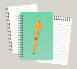 Three notepads and a pen. Vector illustration
