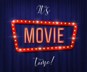 It's movie time banner template. Vector movie sign on blue curtain background.
