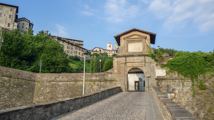 Bergamo, Italy. Landscape on the old gate named Porta San Lorenzo, one of the four access doors to the old city