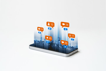 Mobile smart phone technology, with social media, social network notification icons. on white...