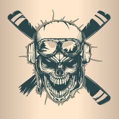 Vintage pilot skull, monochrome hand drawn tatoo style © slava
