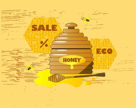 Illustration of cartoon pot with wooden honey dipper and a spot of honey