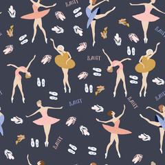 Seamless pattern of ballet dancers in different poses. against a dark background