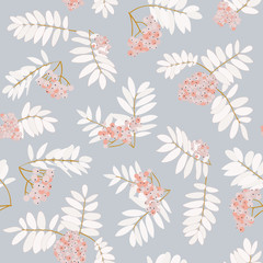 Rowanberry branch seamless pattern. Vector winter holidays light background. Trees silhouettes without foliage and snow