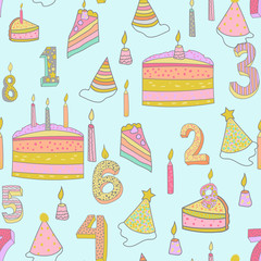 A vector illustration seamless pattern of a colorful cartoon birthday surprise theme.