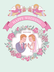 Happy weddings. The bride and groom get married. Wedding card, wedding invitation, wedding in the Church.
