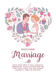 Wedding invitation. Lovely wedding card with the bride and groom. Vector illustration.
