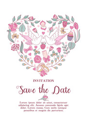 Wedding invitation. Beautiful wedding card with heart of delicate wedding flowers and white doves. Vector illustration.