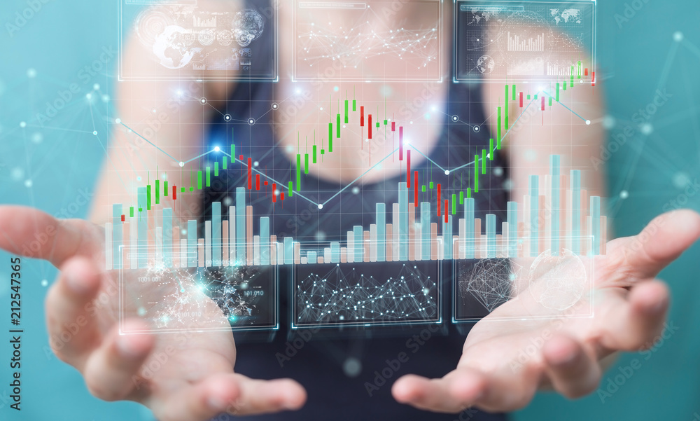 Aufkleber Businessman using 3D rendering stock exchange datas and charts