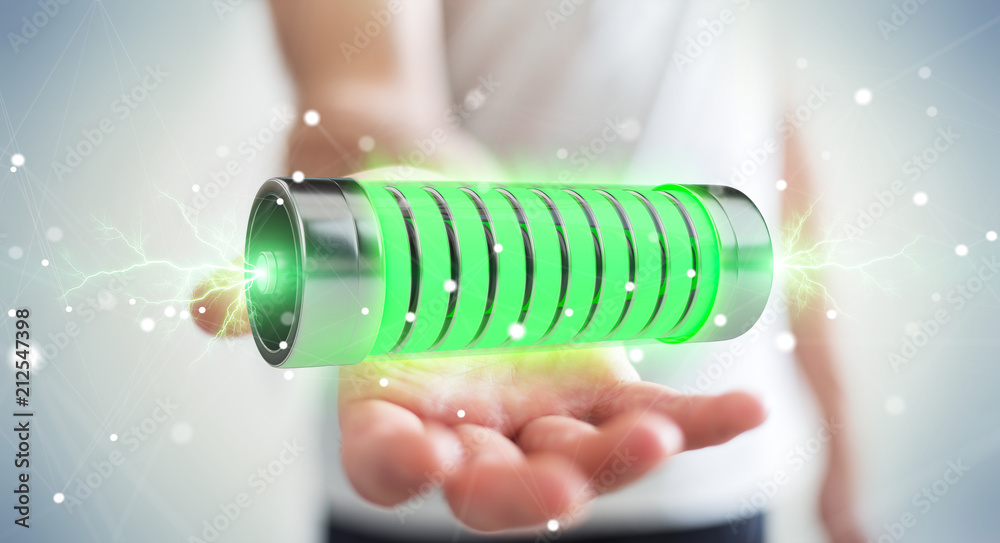 Aufkleber businessman using green battery with lightnings 3d rendering