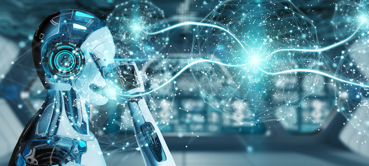 White male humanoid using digital global network 3D rendering