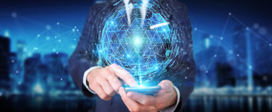 Businessman using digital triangle exploding sphere hologram 3D rendering