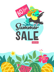 Summer sale. Bright colorful advertising poster. Cheerful Toucan, tropical leaves and fruit. Illustration in cartoon style.