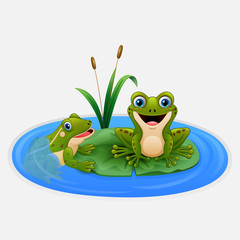 Cute frogs on a leaf in the pond