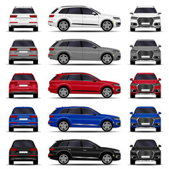 realistic SUV cars set. front view; side view; back view.