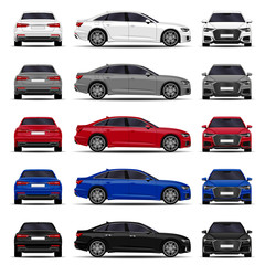 Fototapeta premium realistic cars set. sedan. front view; side view; back view.