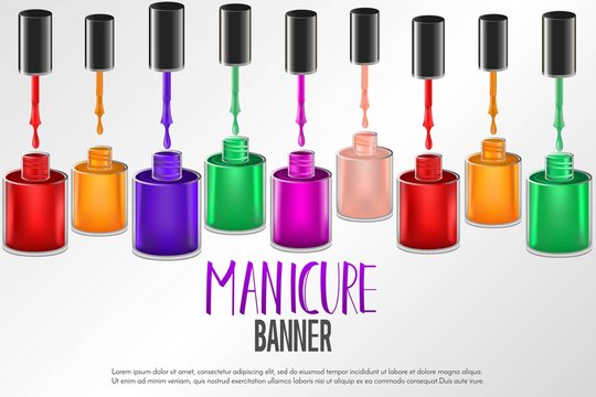 Banner design with realistic manicure nail polish bottles and space for text. Mesh gradient object of colored realistic bottles. Nail care salon label. Vector illustration.