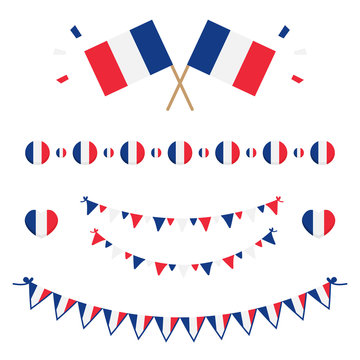 Set, collection of french flags and design elements for French National Day and other public holidays.