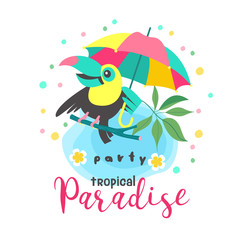 Hello summer. Aloha. Cute funny cartoon Toucan. Tropical paradise. Vector illustration. © katedemian