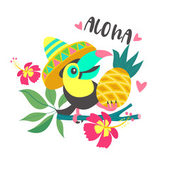 Hello summer. Aloha. Cute funny cartoon Toucan. Tropical paradise. Vector illustration. © katedemian