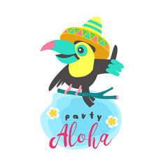 Hello summer. Aloha. Cute funny cartoon Toucan. Tropical paradise. Vector illustration. © katedemian