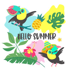 Obraz na płótnie Canvas Hello summer. Aloha. Cute funny cartoon Toucan. Tropical paradise. Vector illustration.