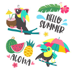 Hello summer. Aloha. Cute funny cartoon Toucan. Tropical paradise. Vector illustration. © katedemian