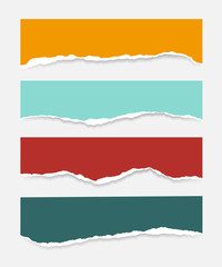 Four torn sheets of paper of different colors with shadow, isolated on a white background, suitable for infographics