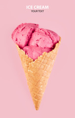ice cream balls in a Waffle Cone on a pink Background. fruit ice cream in a waffle cone.
