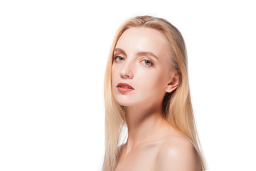 Portrait of a beautiful blonde on a white background.