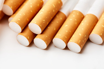 cigarette close up isolated on white background. Drug addiction. Tobacco smoking. cancer. Nicotine. Bad habit.