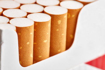 cigarettes in a pack close-up on a white background. Drug addiction. Smoking of tobacco. cancer. Nicotine. Bad habit.