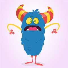 Cute scared or surprised cartoon bigfoot monster. Vector illustration of funny blue monster character for Halloween