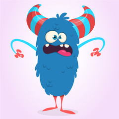 Happy blue cartoon monster bigfoot or yeti. Vector Halloween illustration