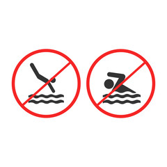 Prohibition swimming sign with text. Attention, shark and jellyfish signd. Vector illustration