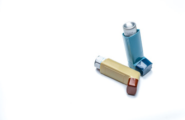 Asthma inhaler. Asthma controller, reliever equipment. Steroids and bronchodilator drug for asthma...