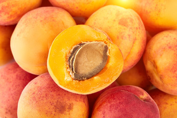 Isolated apricots. Fresh apricot fruit isolated on white background. Tropical abstract background. Fresh fruits. Place for your text.