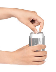 hand opening beverage tin can with water drops isolated on white background