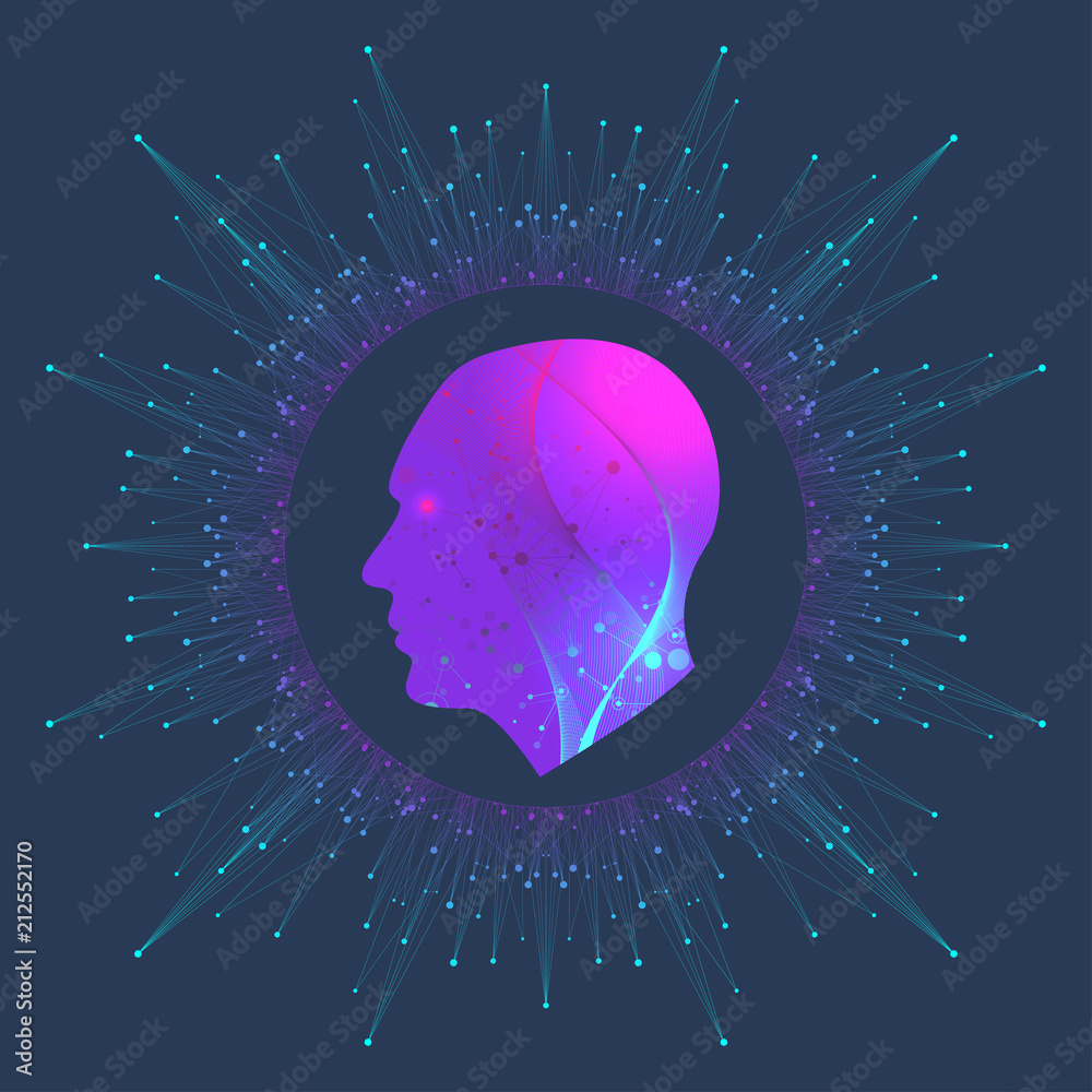 Poster Artificial Intelligence Logo. Artificial Intelligence and Machine Learning Concept. Vector symbol AI. Neural networks and another modern technologies concepts. Technology sci-fi concept.