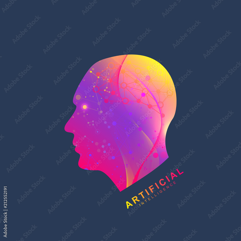 Poster Futuristic Artificial Intelligence and Machine Learning Concept.. Human Big Data Visualization. Wave Flow Communication, Scientific vector illustration.