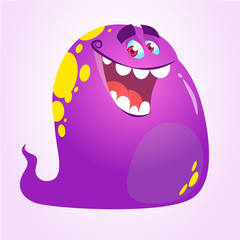 Funny and happy cartoon monster or ghost  pointing hand. Vector  Halloween illustration of red monster blob