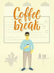 Office boy character hanging cup of coffee and smiling. Time for a break illustration.