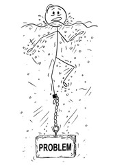Cartoon stick drawing conceptual illustration of man or businessman drowning with block of stone or concrete weight with problem text chained to his leg.