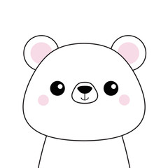 White bear face . Black contour silhouette. Kawaii animal. Cute cartoon grizzly character. Funny baby with eyes, nose, ears pink cheeks. Love Greeting card. Flat design. White background Isolated.