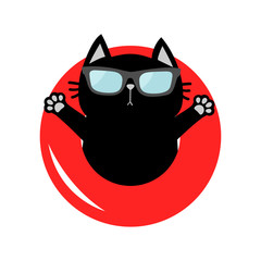 Black cat floating on red air pool water circle. Sunglasses. Lifebuoy. Hello Summer. Cute cartoon relaxing character icon. Water waves. Flat design.