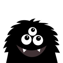 Smiling monster head silhouette. Thtee eyes, teeth, tongue, fluffy hair. Black Funny Cute cartoon character. Baby collection. Happy Halloween card. Flat design. White background.
