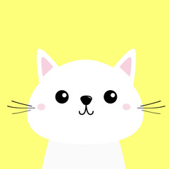 White cat kitten Funny head baby face. Moustaches. Cute kawaii cartoon character. Pink cheeks. Greeting card template. Yellow background. Flat design.